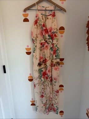 Sweet Storm Floral Halter Maxi Dress in Blush, Coral and Green N0055